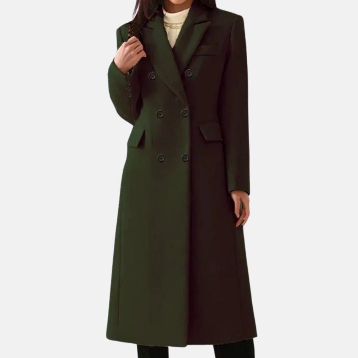 Women's Double-Breasted Notch Lapel Wool Winter Coat - Dark Green