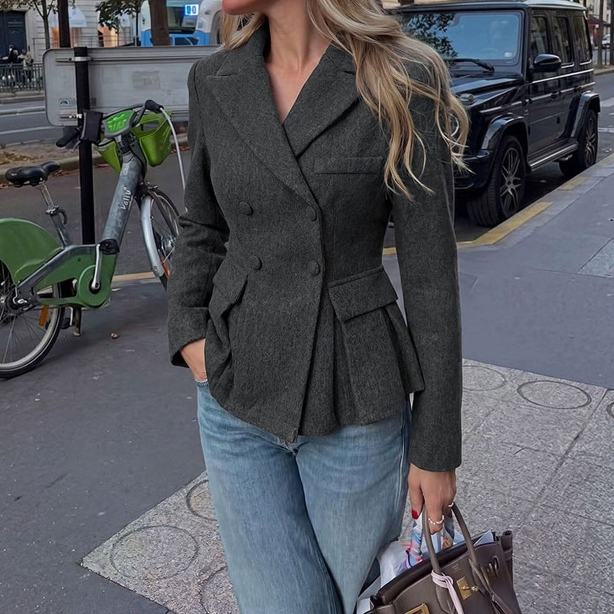 Women's Double-Breasted Peplum Blazer Lined Long-Sleeve Jacket