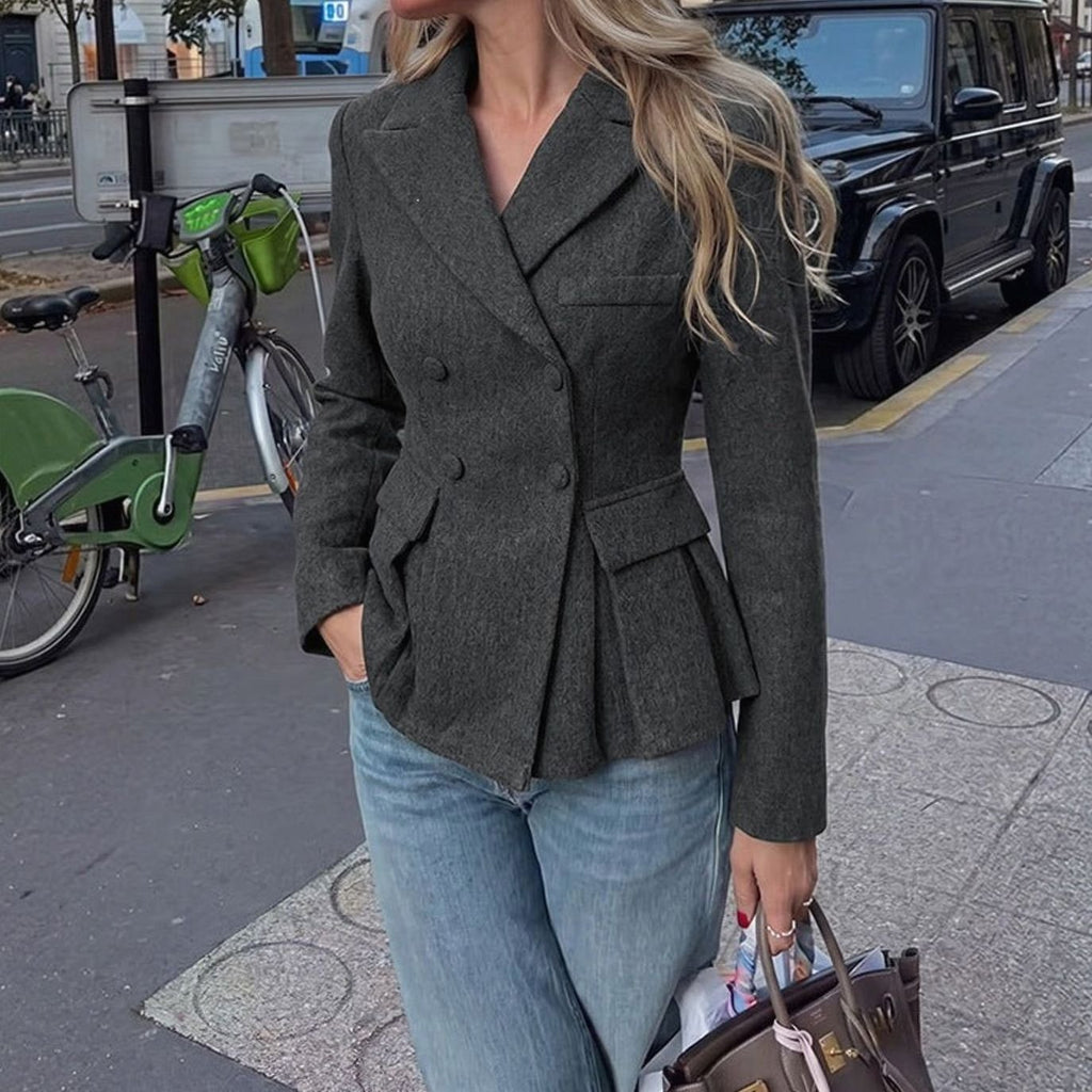 Women's Double-Breasted Peplum Blazer Lined Long-Sleeve Jacket