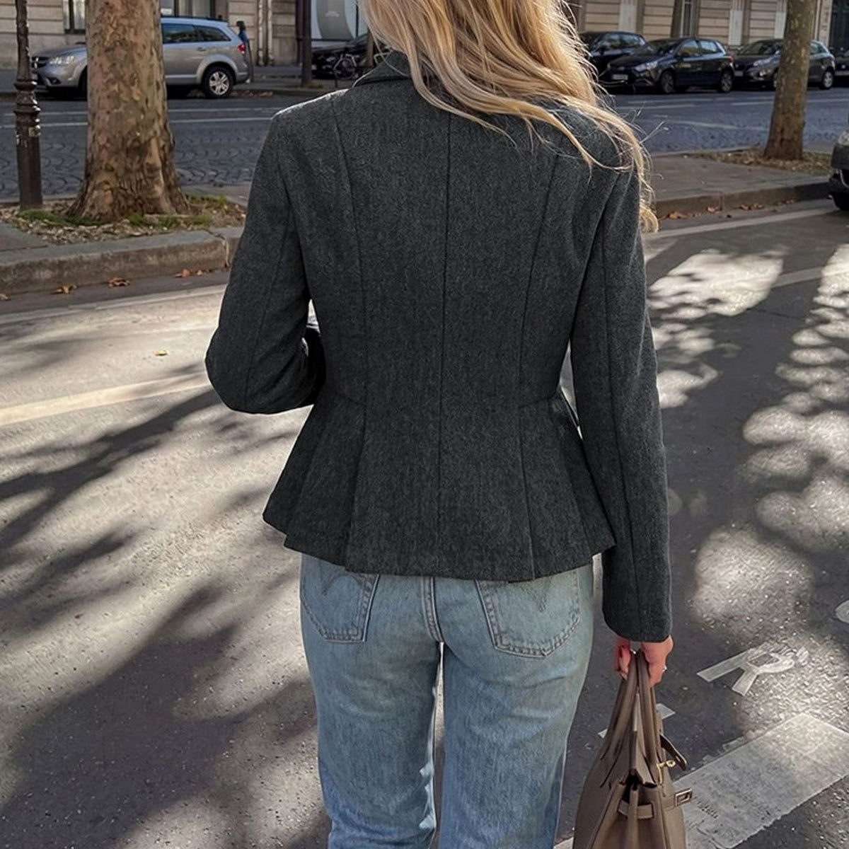 Women's Double-Breasted Peplum Blazer Lined Long-Sleeve Jacket