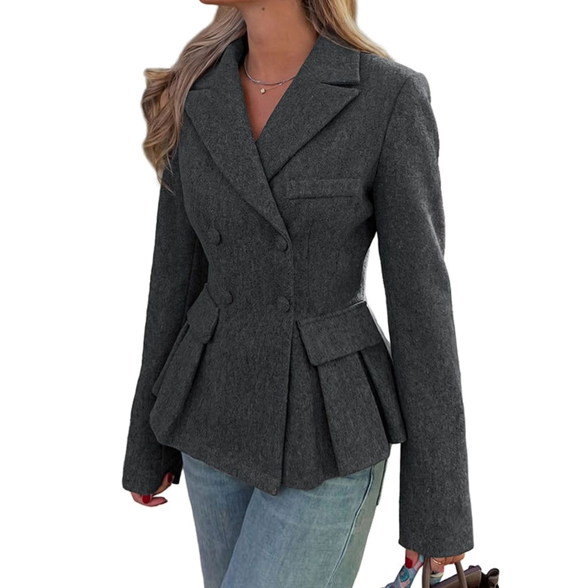 Women's Double-Breasted Peplum Blazer Lined Long-Sleeve Jacket