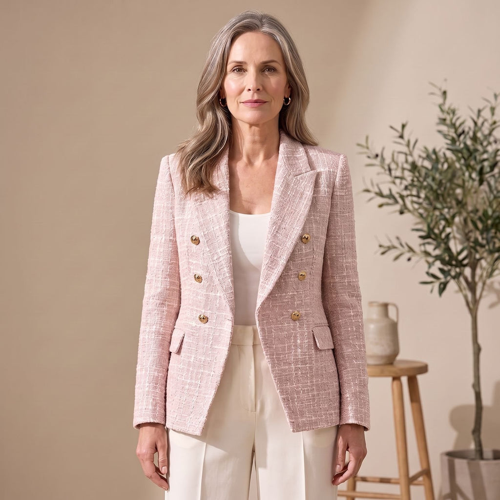 Women's Double-Breasted Pink Tweed Blazer Gold Button Jacket