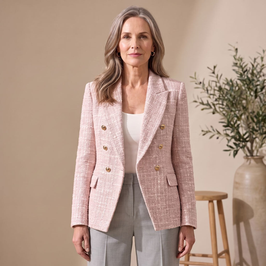 Women's Double-Breasted Pink Tweed Blazer Gold Button Jacket