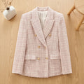 Women's Double-Breasted Pink Tweed Blazer Gold Button Jacket - Pink