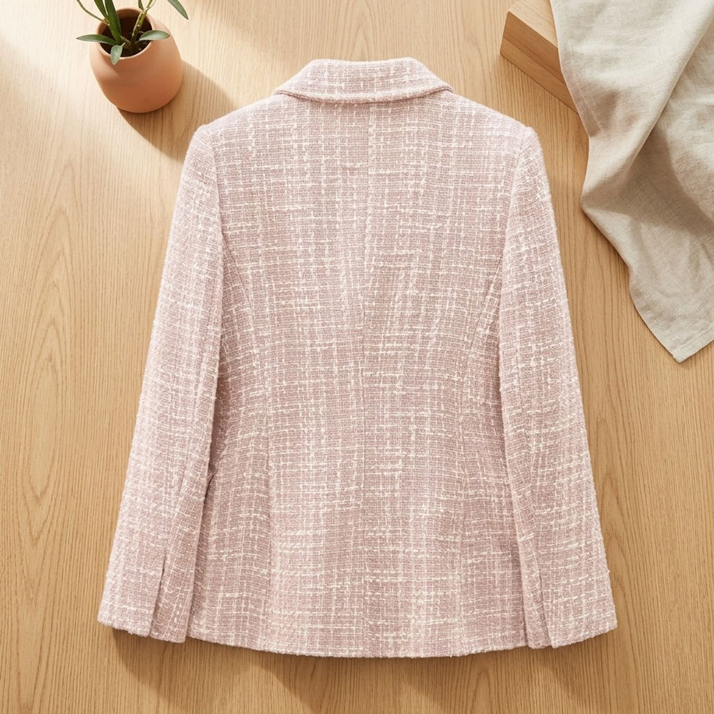Women's Double-Breasted Pink Tweed Blazer Gold Button Jacket