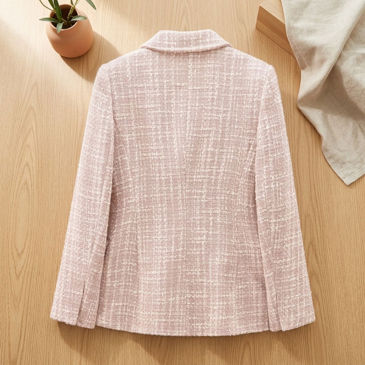 Women's Double-Breasted Pink Tweed Blazer Gold Button Jacket