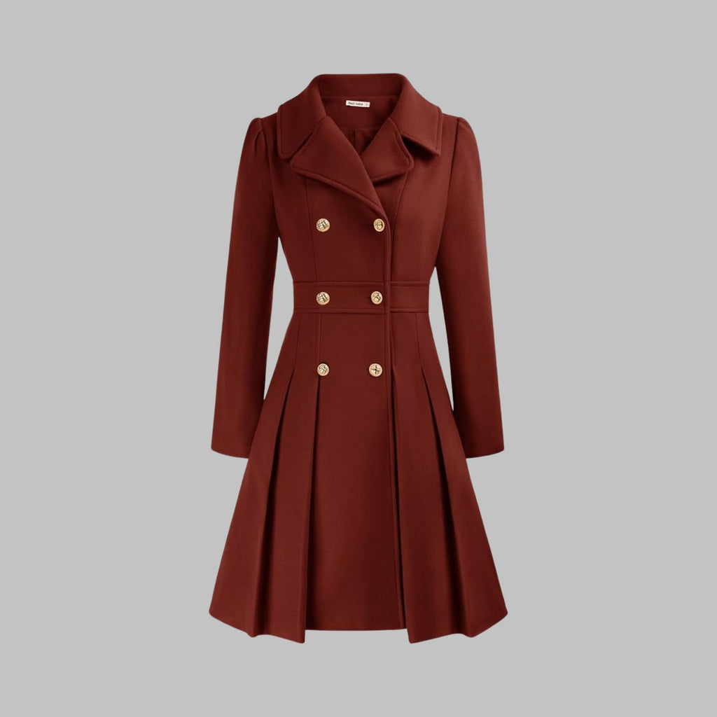 Women's Double-Breasted Pleated A-Line Wool-Blend Coat - Red