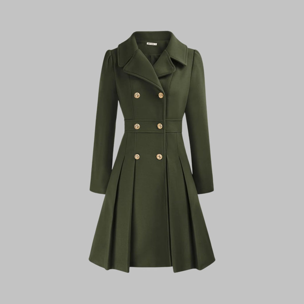 Women's Double-Breasted Pleated A-Line Wool-Blend Coat - Army Green