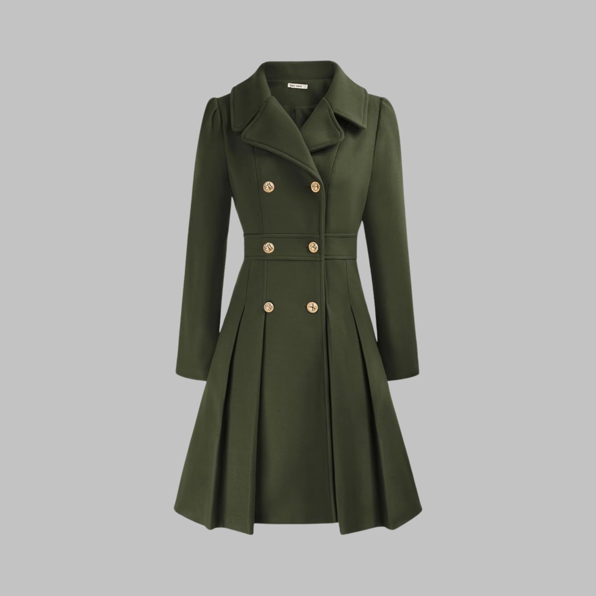 Women's Double-Breasted Pleated A-Line Wool-Blend Coat - Army Green