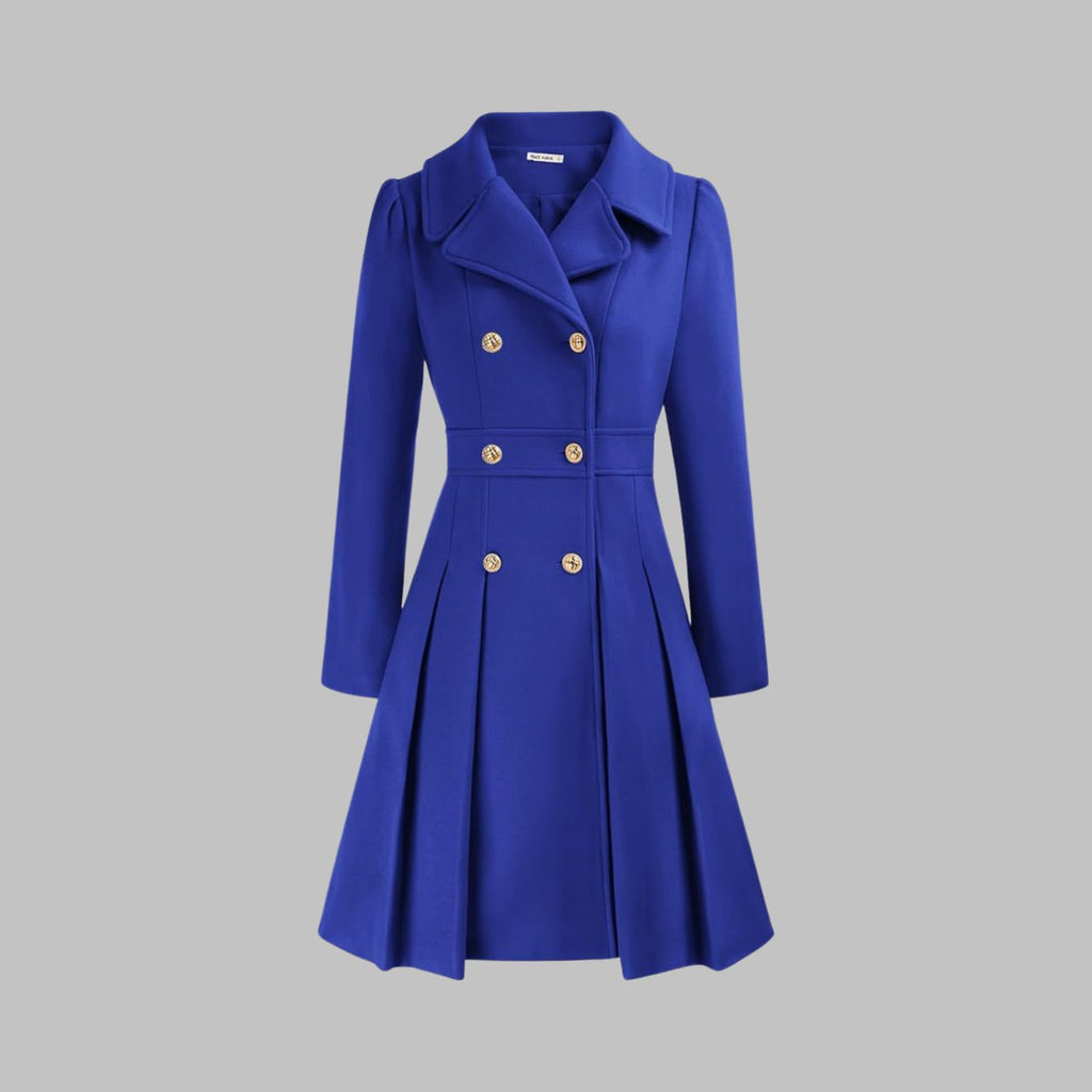 Women's Double-Breasted Pleated A-Line Wool-Blend Coat - Royal Blue