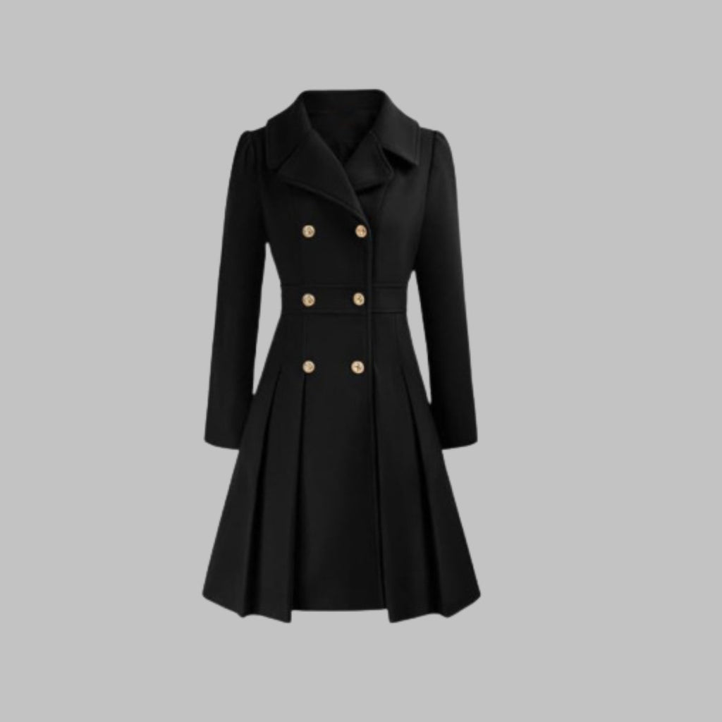 Women's Double-Breasted Pleated A-Line Wool-Blend Coat - Black