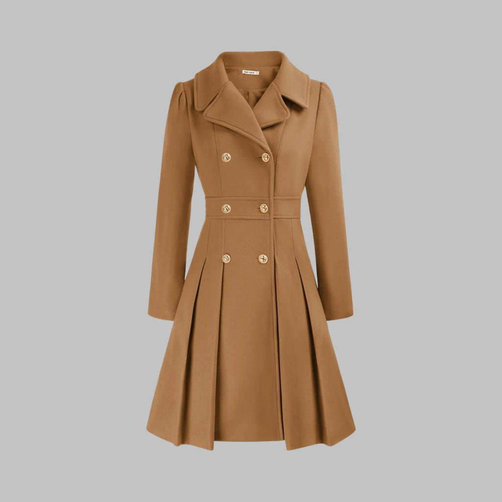 Women's Double-Breasted Pleated A-Line Wool-Blend Coat - Camel