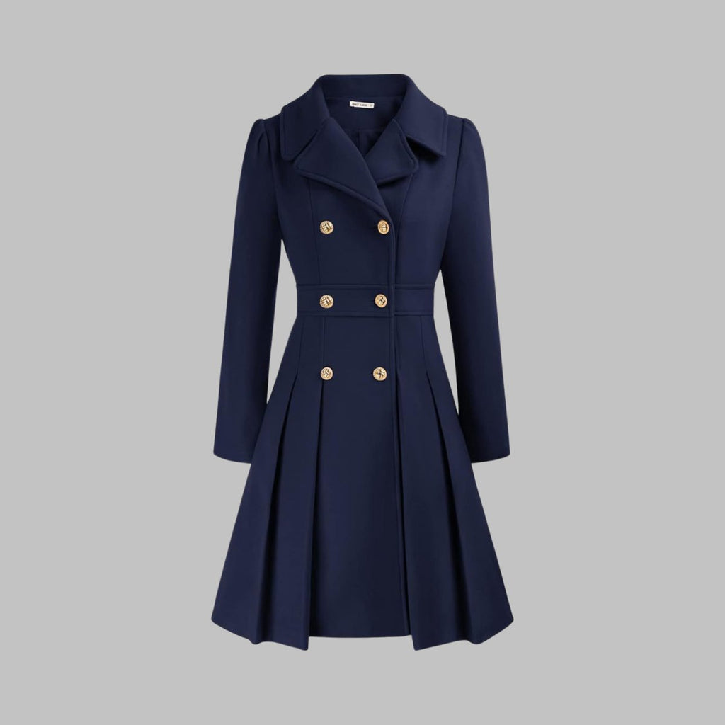 Women's Double-Breasted Pleated A-Line Wool-Blend Coat - Dark Blue