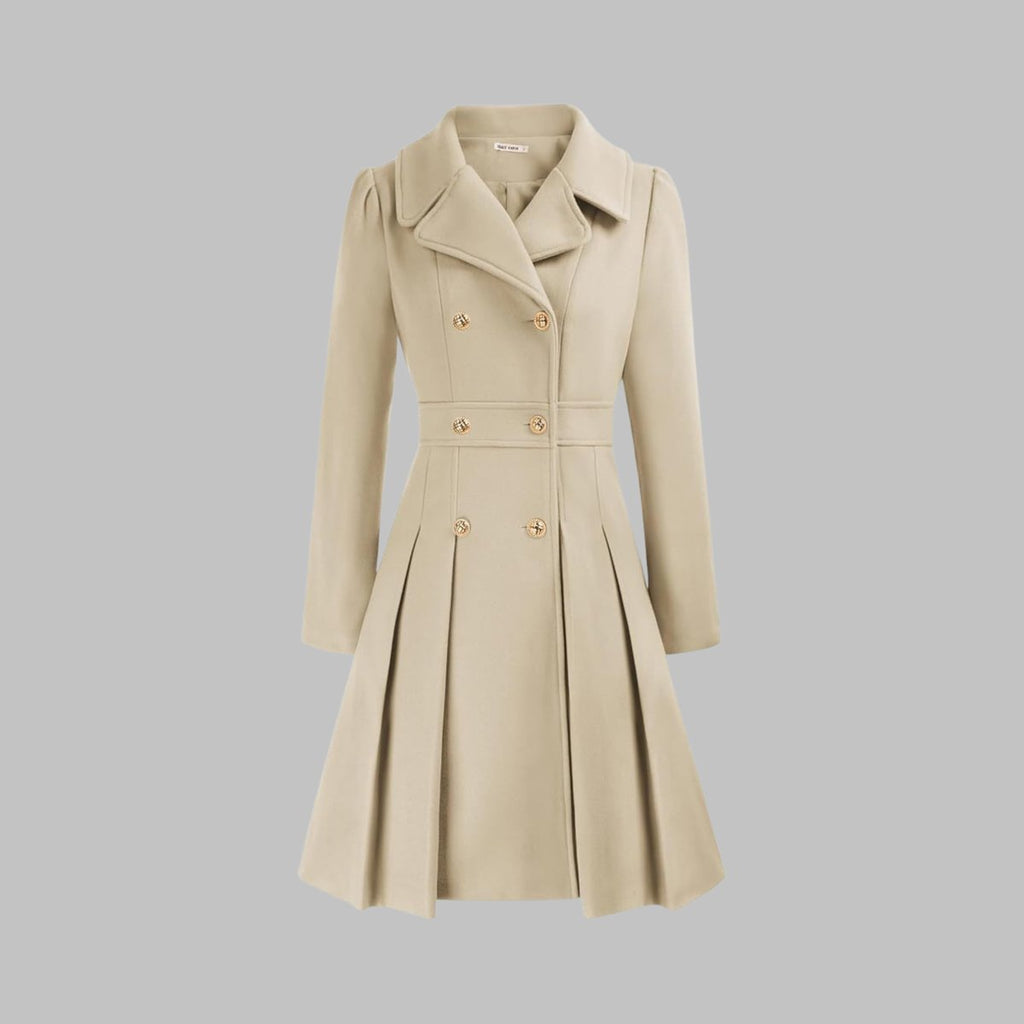 Women's Double-Breasted Pleated A-Line Wool-Blend Coat - Beige