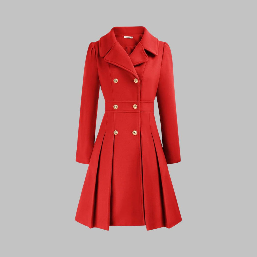 Women's Double-Breasted Pleated A-Line Wool-Blend Coat - Orange