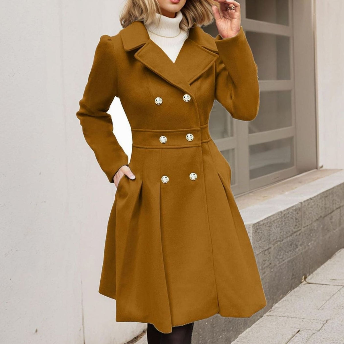 Women's Double-Breasted Pleated A-Line Wool-Blend Midi Coat