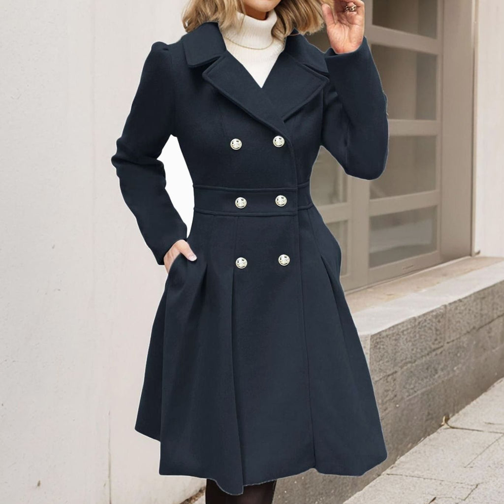 Women's Double-Breasted Pleated A-Line Wool-Blend Midi Coat
