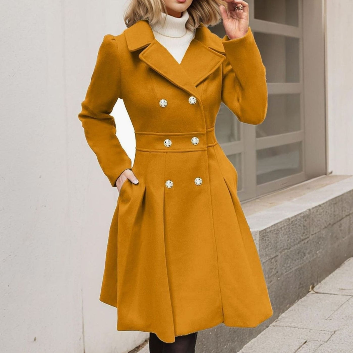 Women's Double-Breasted Pleated A-Line Wool-Blend Midi Coat