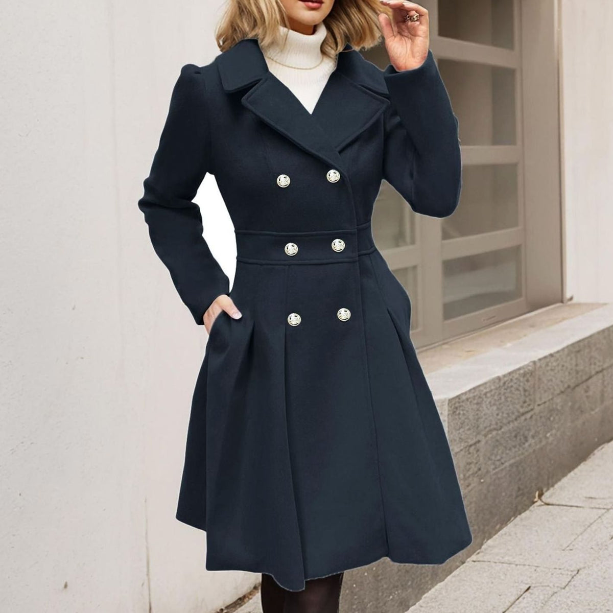Women's Double-Breasted Pleated A-Line Wool-Blend Midi Coat - Black
