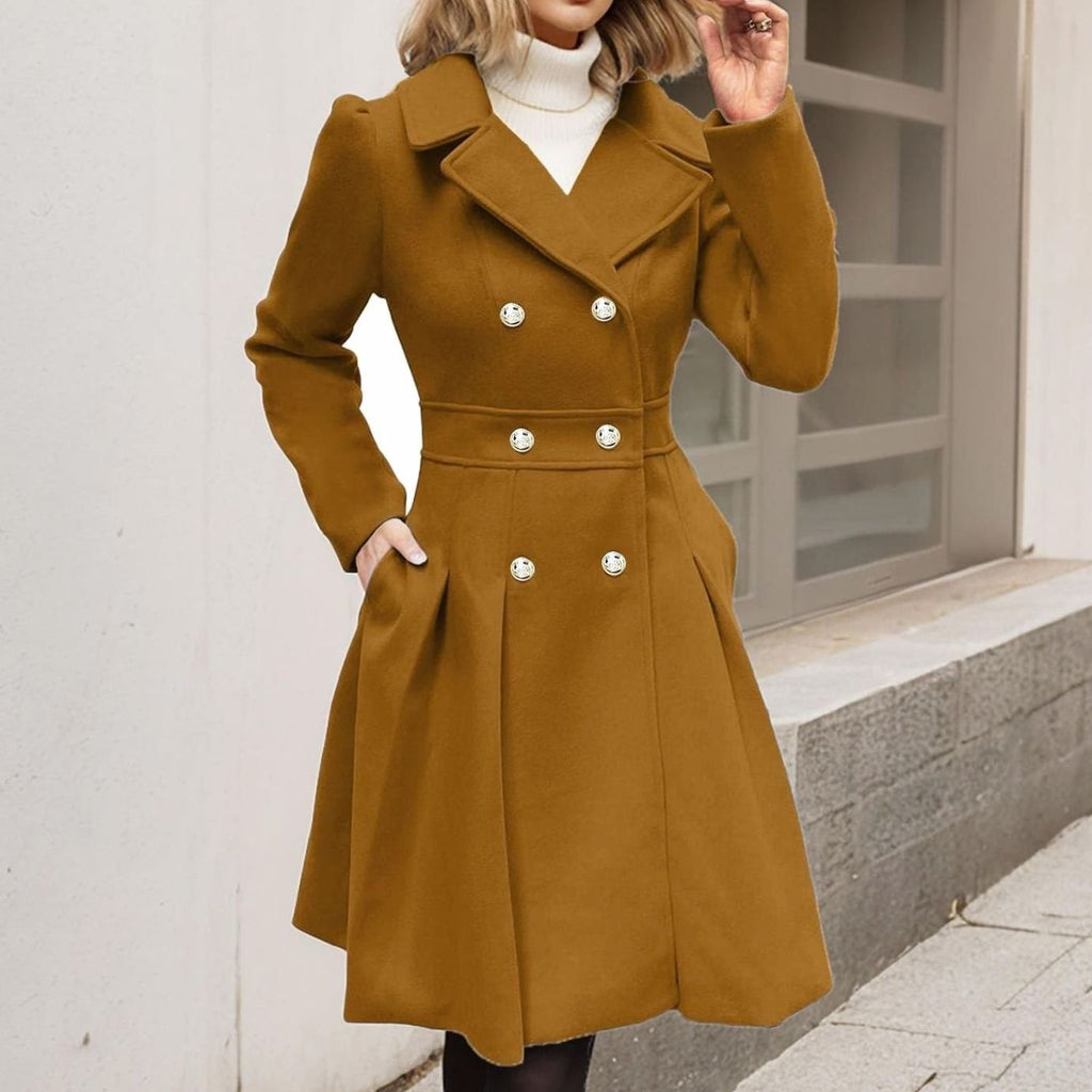 Women's Double-Breasted Pleated A-Line Wool-Blend Midi Coat - Camel