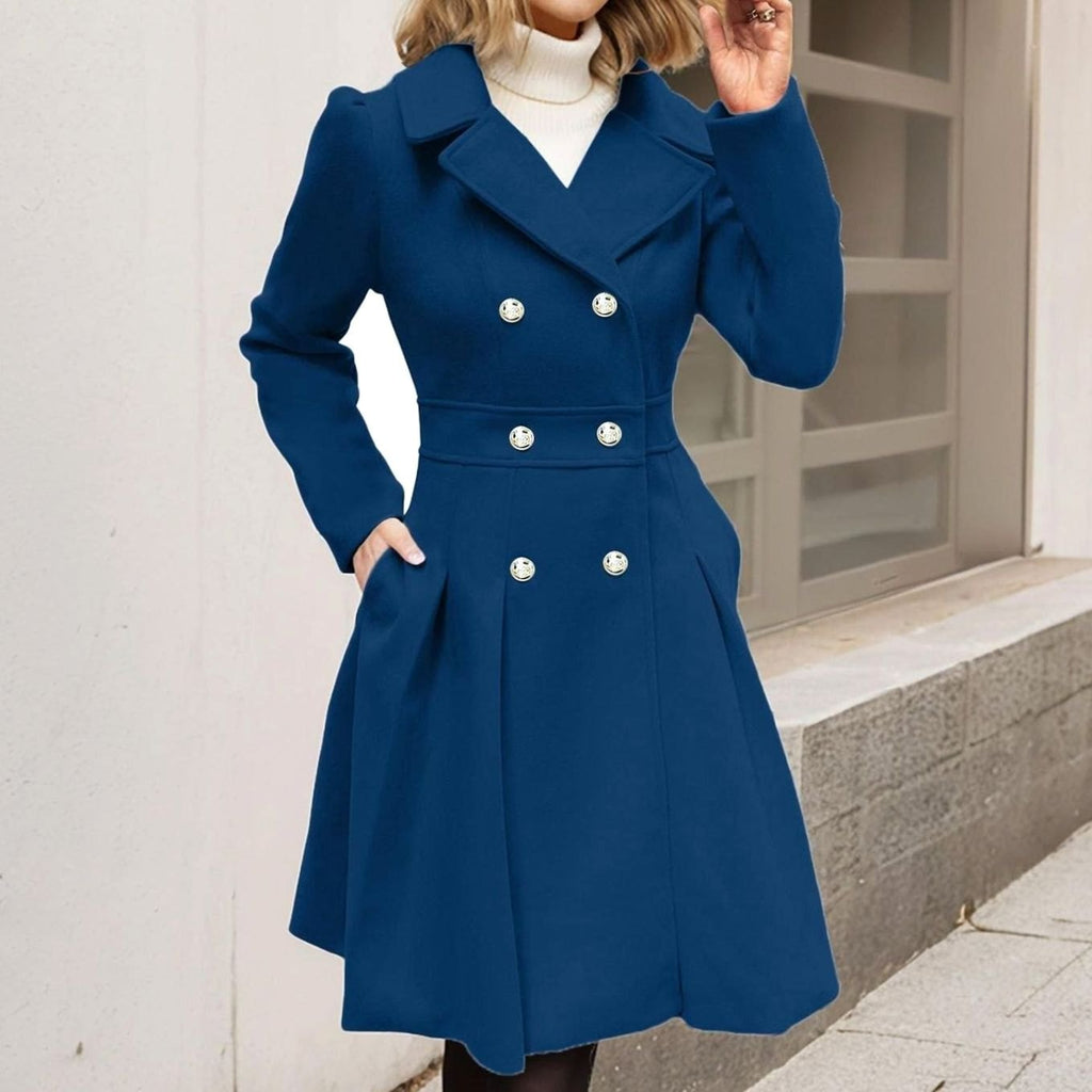 Women's Double-Breasted Pleated A-Line Wool-Blend Midi Coat - Navy Blue