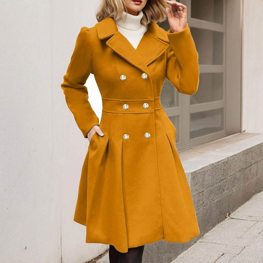 Women's Double-Breasted Pleated A-Line Wool-Blend Midi Coat - Yellow