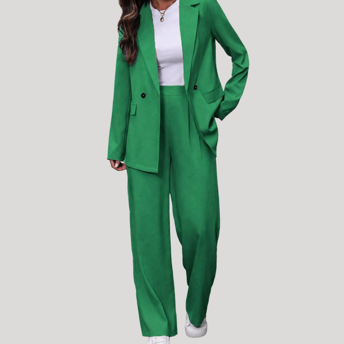 Women's Double-Breasted Tailored Wide-Leg Pants Suit Set - Green