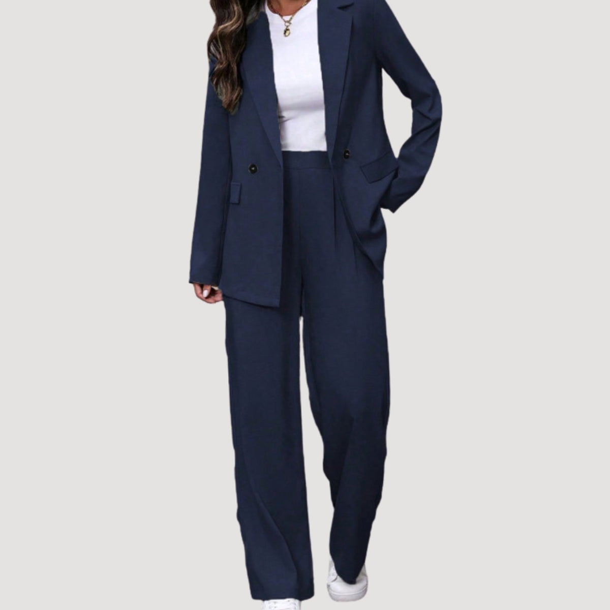Women's Double-Breasted Tailored Wide-Leg Pants Suit Set - Navy Blue