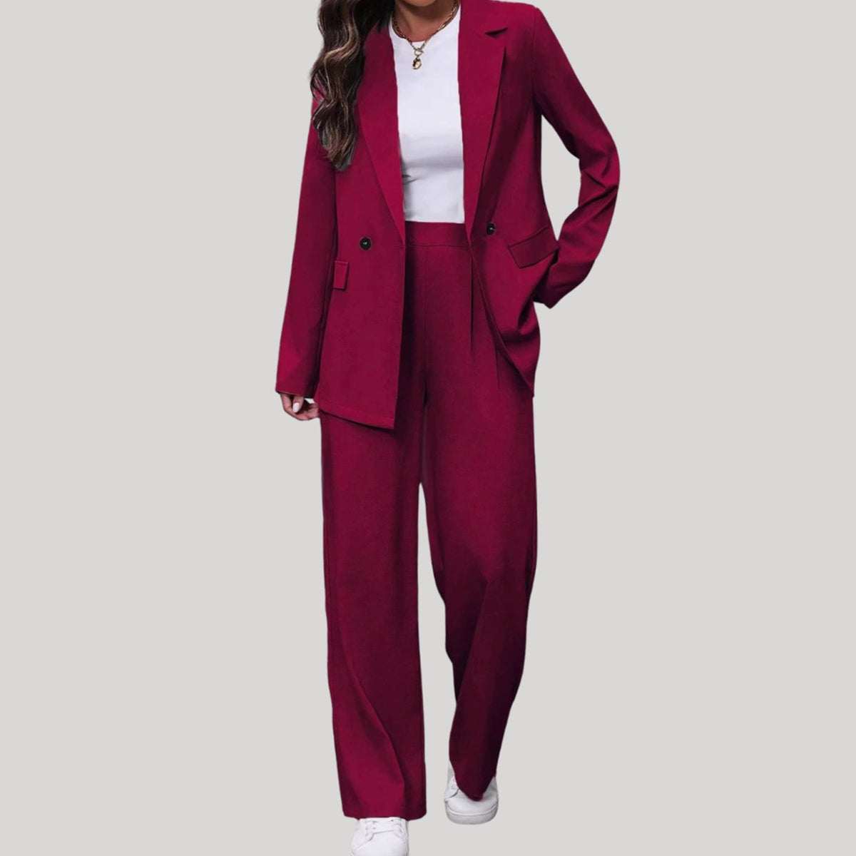 Women's Double-Breasted Tailored Wide-Leg Pants Suit Set, Burgundy - Burgundy