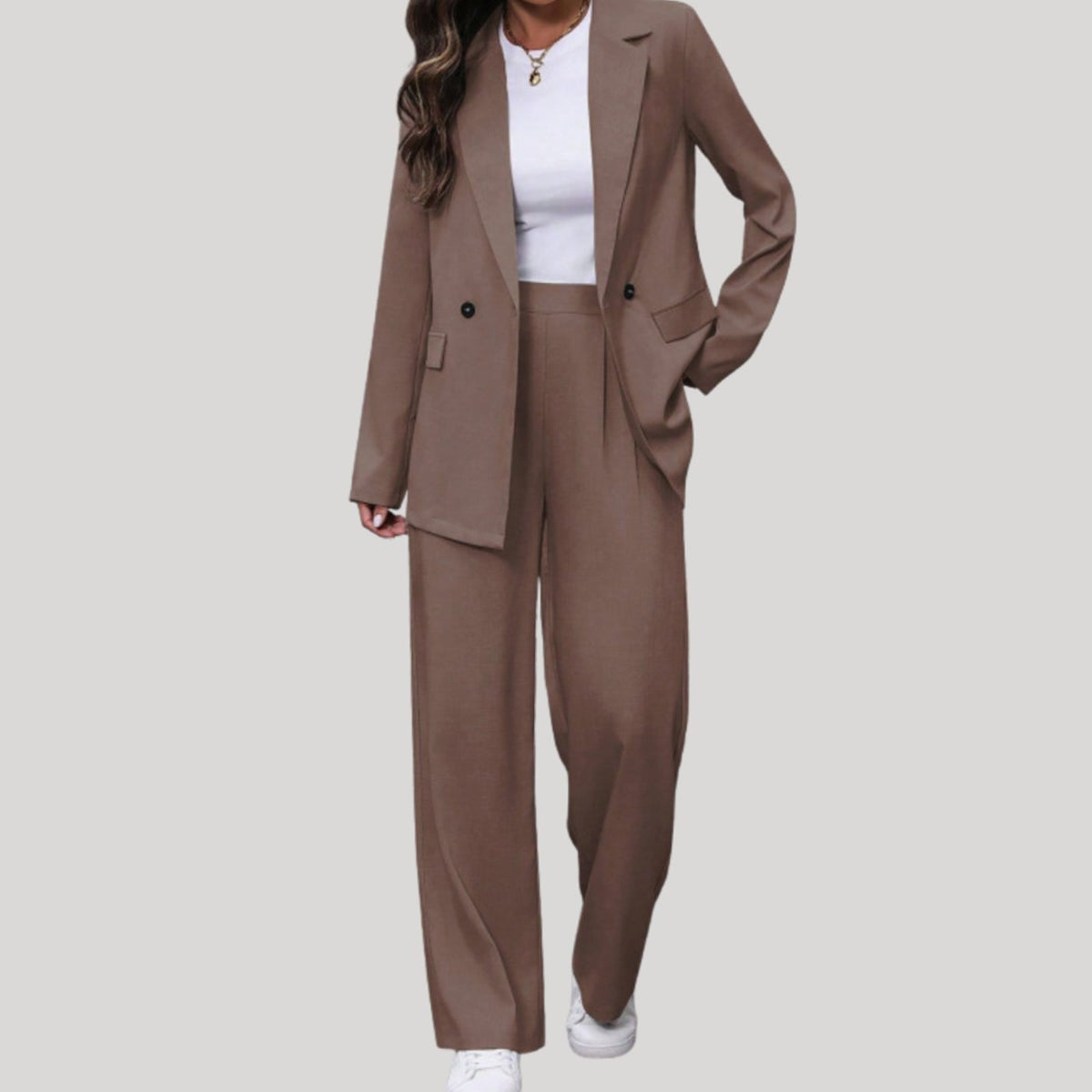 Women's Double-Breasted Tailored Wide-Leg Pants Suit Set, Burgundy - Brown