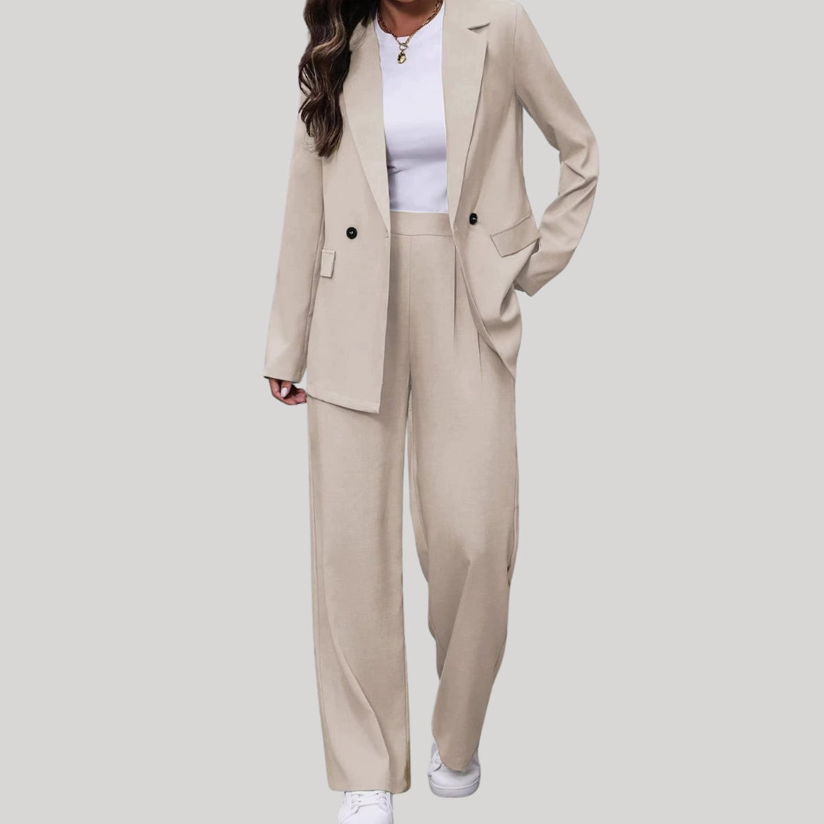 Women's Double-Breasted Tailored Wide-Leg Pants Suit Set, Burgundy - White