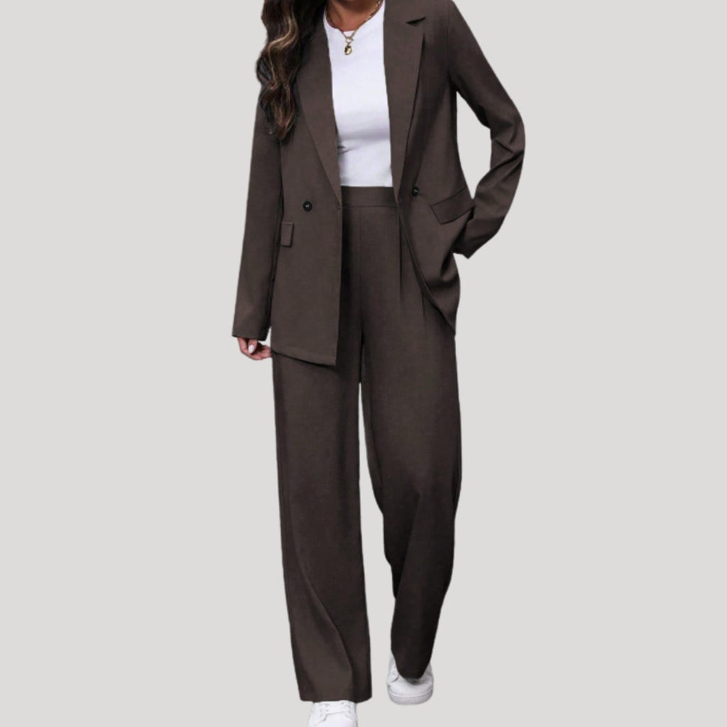 Women's Double-Breasted Tailored Wide-Leg Pants Suit Set, Burgundy - Dark Brown