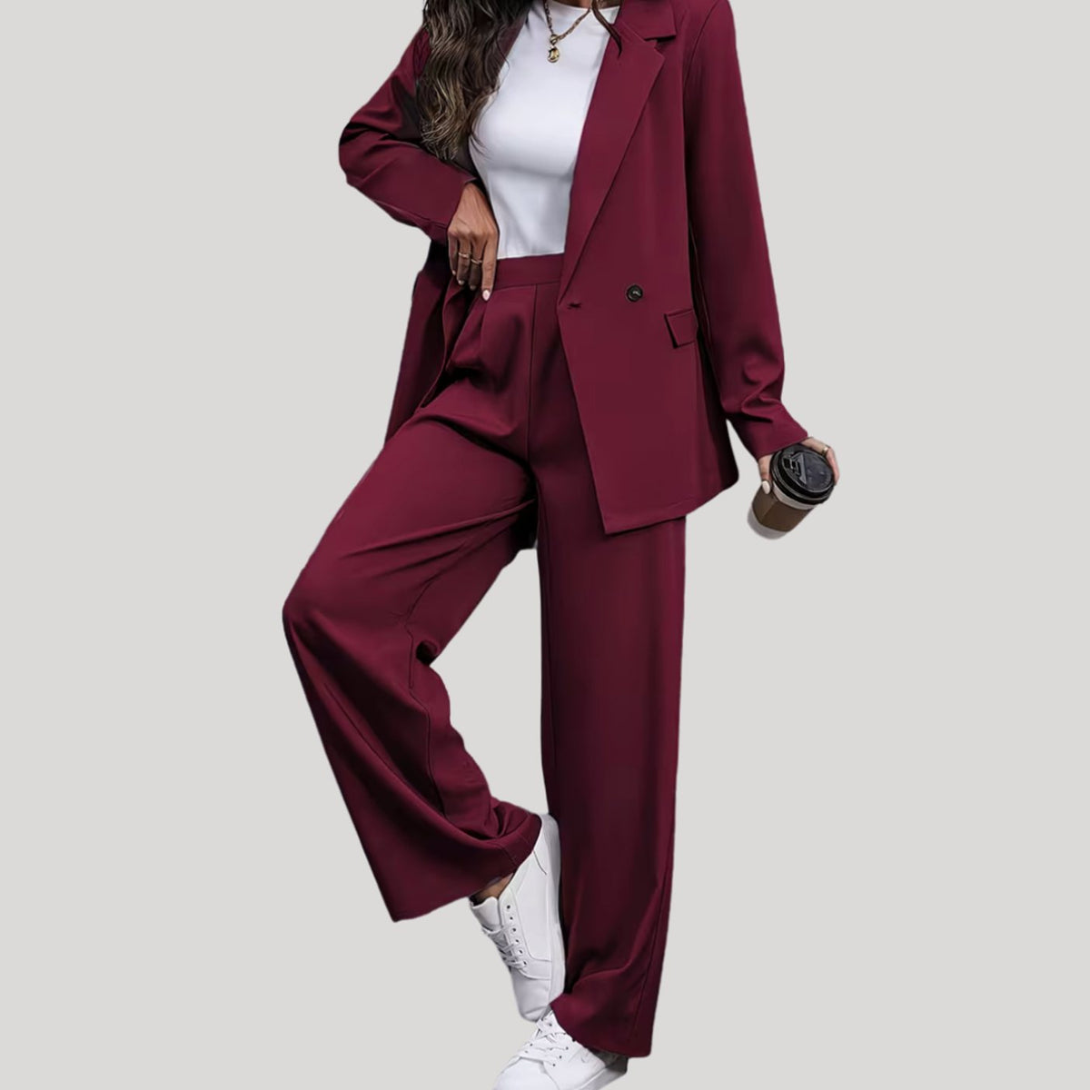 Women's Double-Breasted Tailored Wide-Leg Pants Suit Set, Burgundy