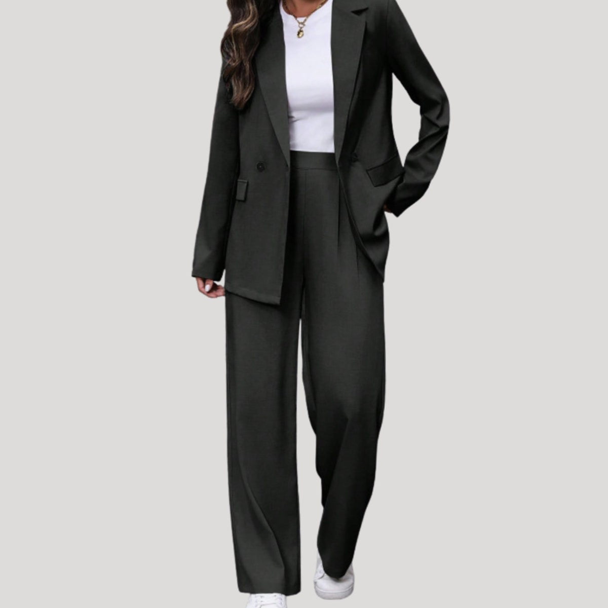 Women's Double-Breasted Tailored Wide-Leg Pants Suit Set, Burgundy - Black