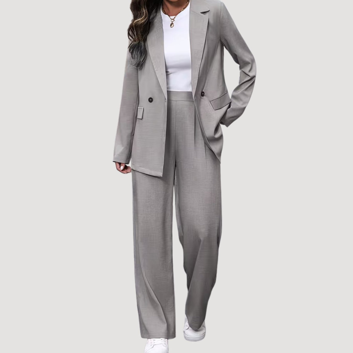Women's Double-Breasted Tailored Wide-Leg Pants Suit Set, Burgundy - Light Gray