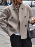 Women's Double Breasted Wool Peacoat Stand Collar Relaxed Fit - Taupe