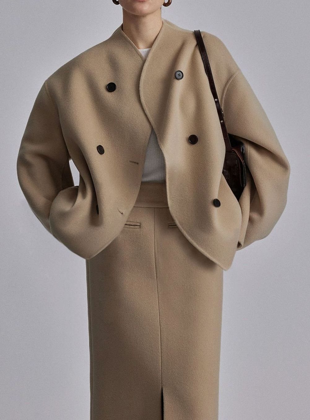 Women's Double Breasted Wool Peacoat Stand Collar Relaxed Fit - Khaki