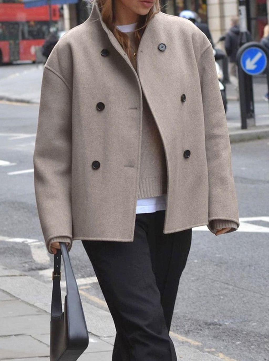Women's Double Breasted Wool Peacoat Stand Collar Relaxed Fit