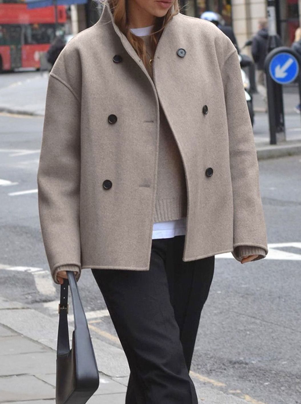 Women's Double Breasted Wool Peacoat Stand Collar Relaxed Fit