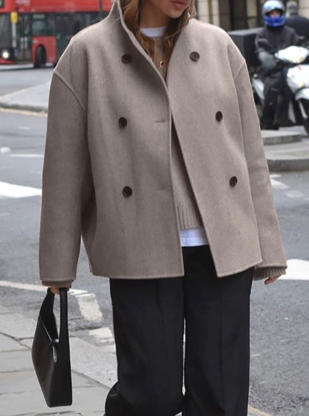 Women's Double Breasted Wool Peacoat Stand Collar Relaxed Fit