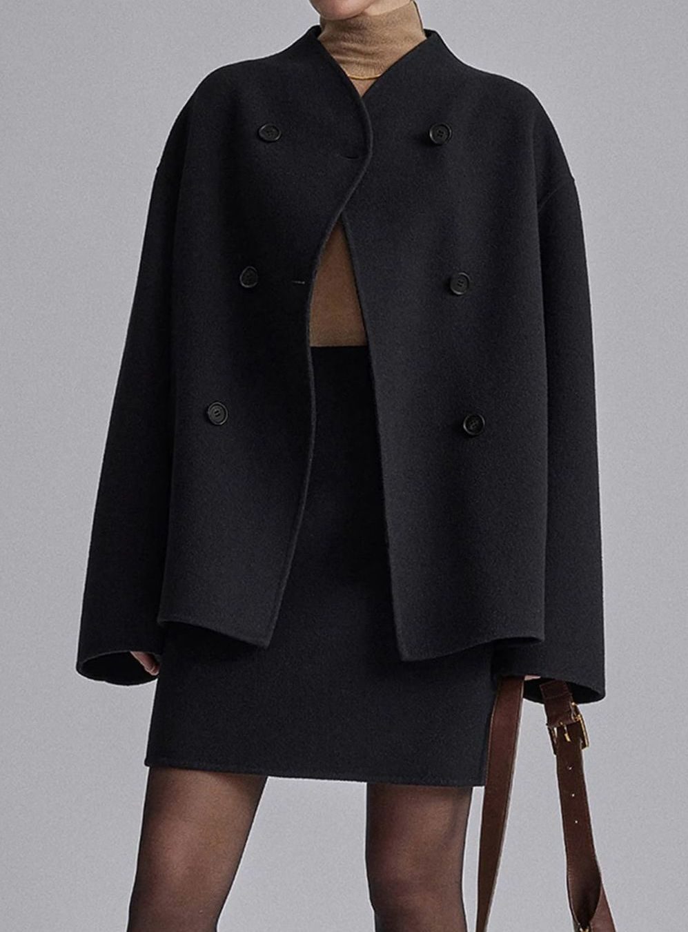 Women's Double Breasted Wool Peacoat Stand Collar Relaxed Fit - Black