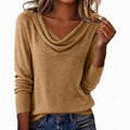 Women's Draped Cowl Neck Long-Sleeve Knit Sweater - Khaki