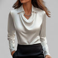 Women's Draped Cowl-Neck Long Sleeve Satin Blouses - White