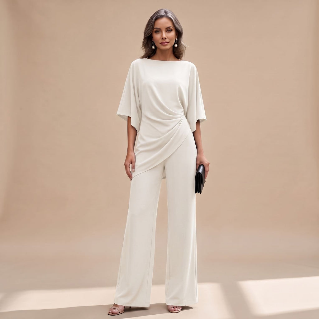 Women's Draped Wide-Leg Two-Piece Set Batwing Sleeve - White