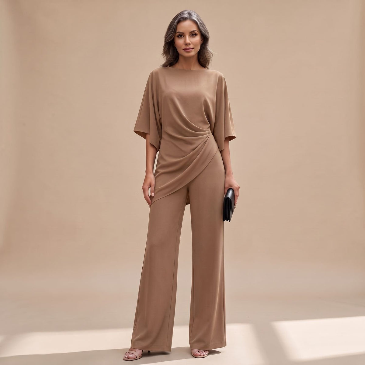 Women's Draped Wide-Leg Two-Piece Set Batwing Sleeve - Camel