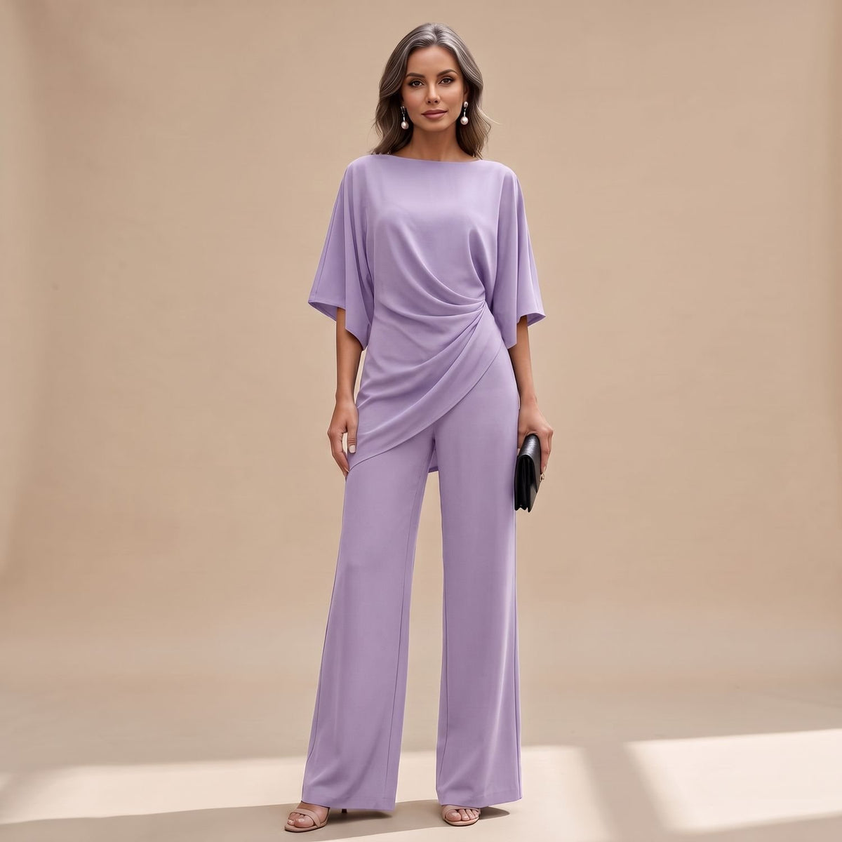 Women's Draped Wide-Leg Two-Piece Set Batwing Sleeve - Lavender