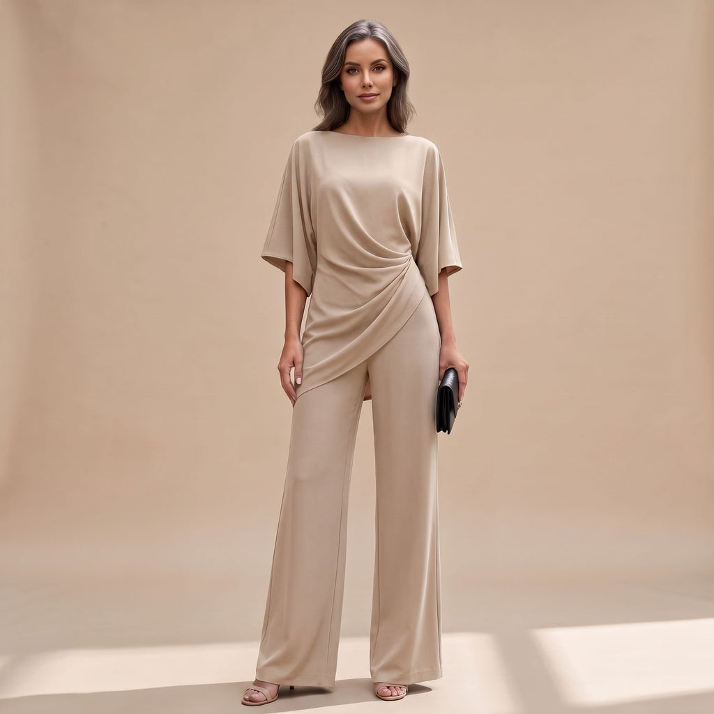 Women's Draped Wide-Leg Two-Piece Set Batwing Sleeve - Beige
