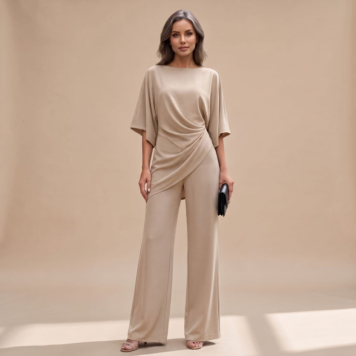 Women's Draped Wide-Leg Two-Piece Set Batwing Sleeve - Beige