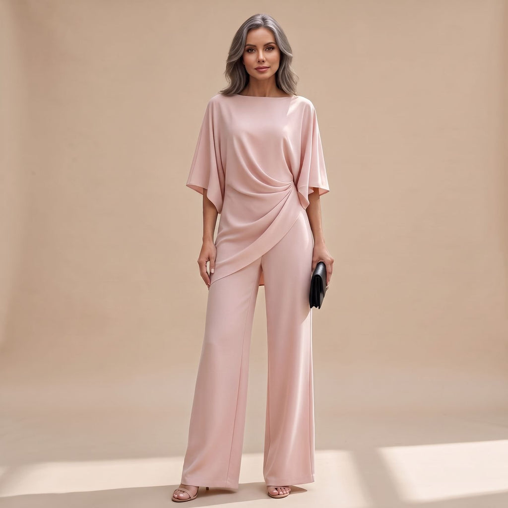 Women's Draped Wide-Leg Two-Piece Set Batwing Sleeve - Pink