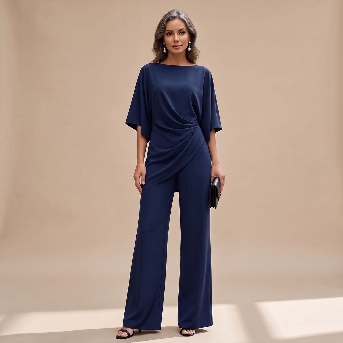 Women's Draped Wide-Leg Two-Piece Set Batwing Sleeve